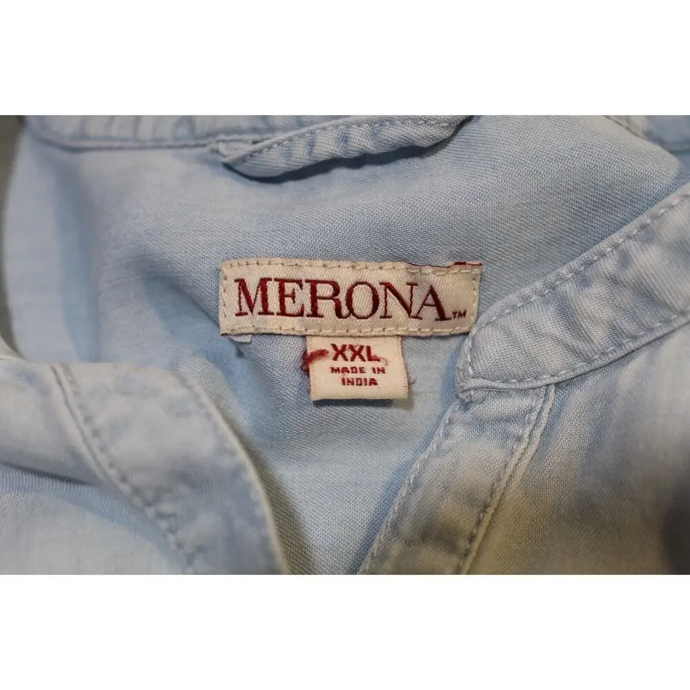 Merona Blue Chambray Shirt Dress 1/2 Button-up Women's XXL Pockets Long Sleeve - Picture 5 of 10